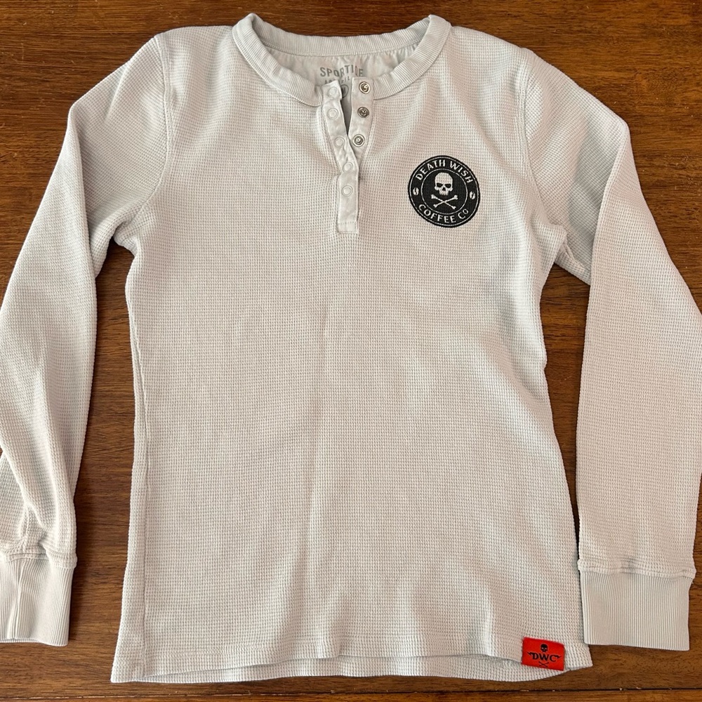 Death Wish Coffee White Long-Sleeve Waffle Henley Top